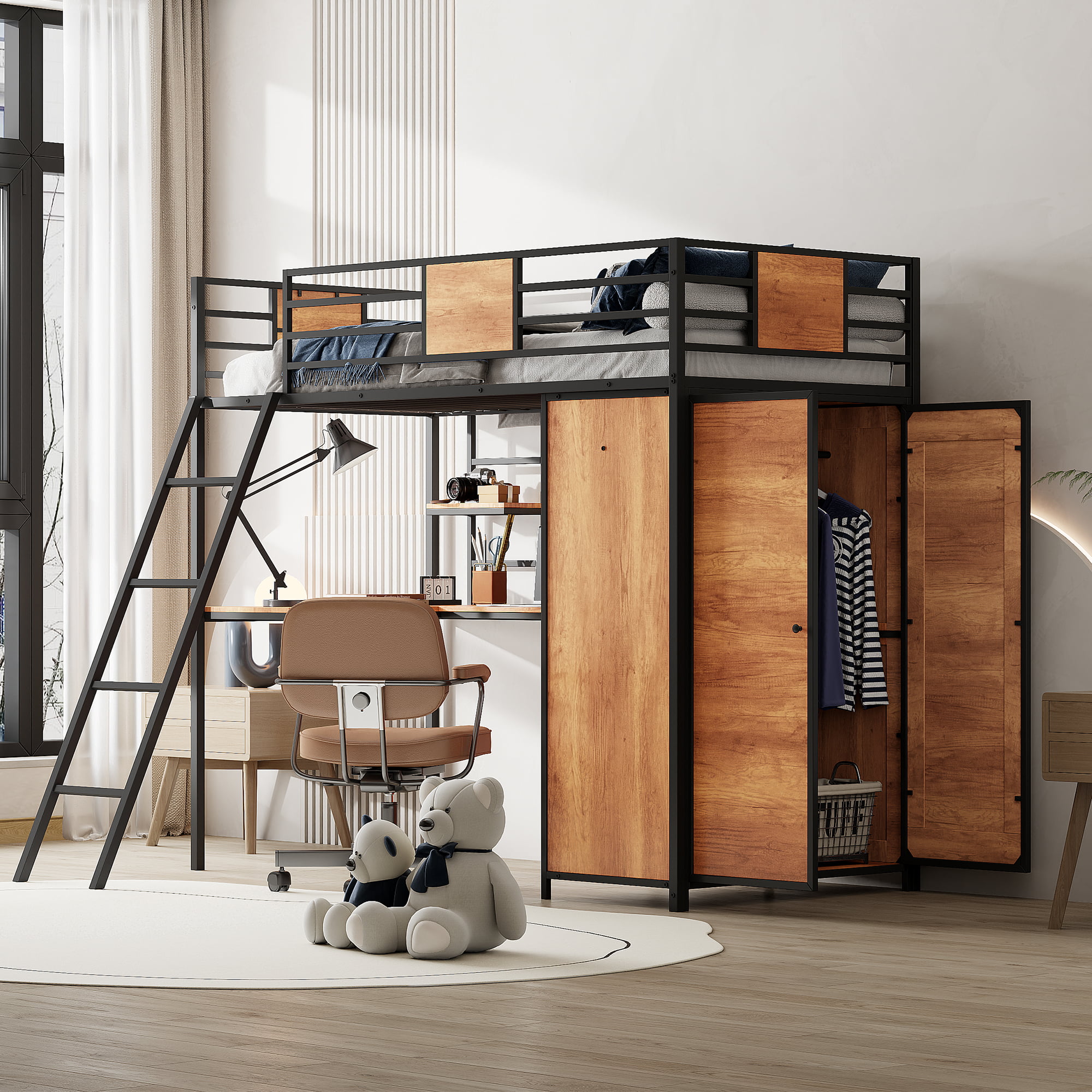 Metal Twin Size Loft Bed With L-shape Desk And Wardrobe