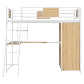 Metal Twin Size Loft Bed With L-shape Desk And Wardrobe