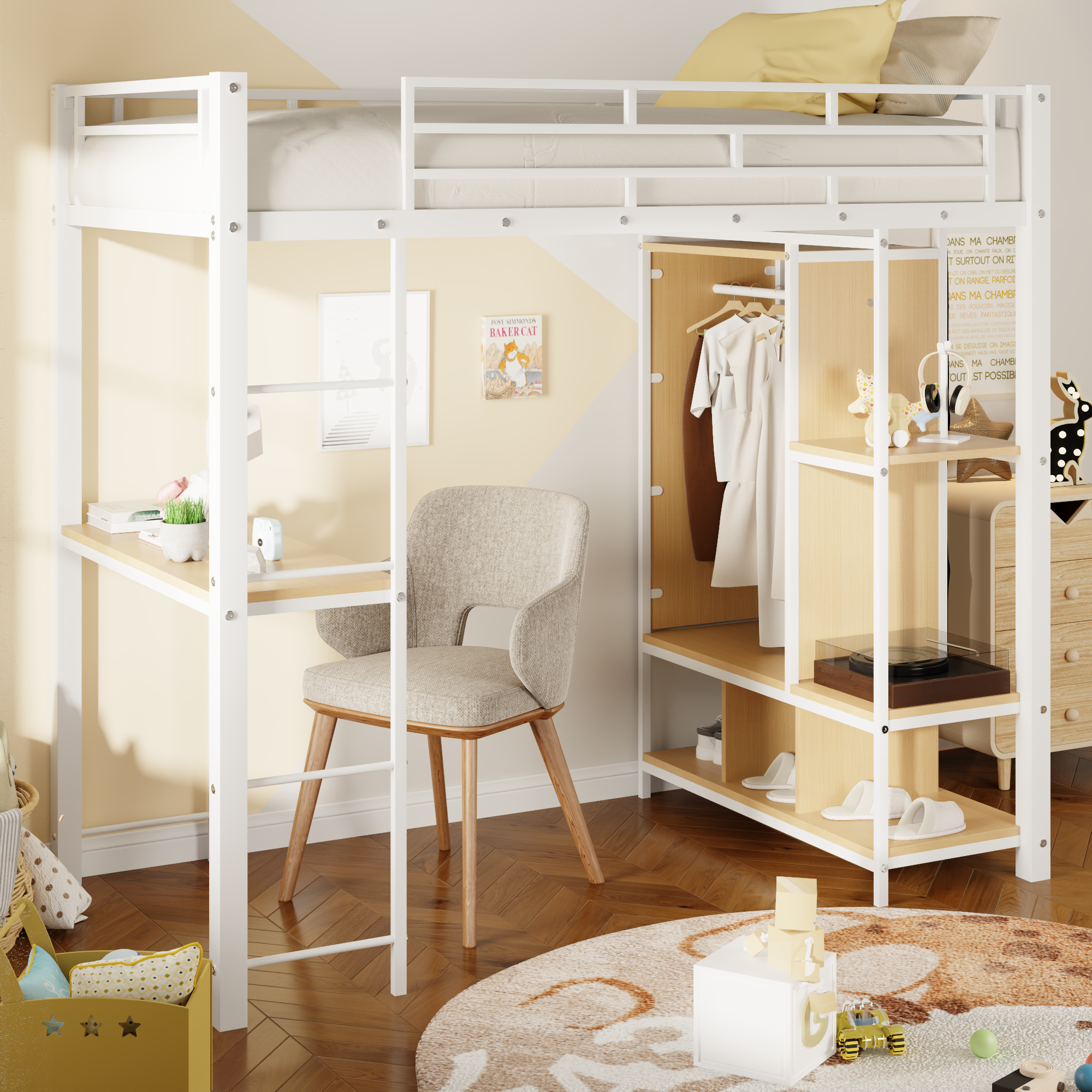 Twin Size Metal Loft Bed with Built-in Wardrobe, Desk and Shelves