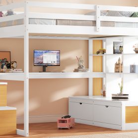 Full Size Loft Bed with Desk and Shelves, Two Built-in Drawers and Storage Staircase