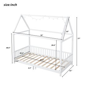 Wood Twin Size House Bed with Guardrail and LED