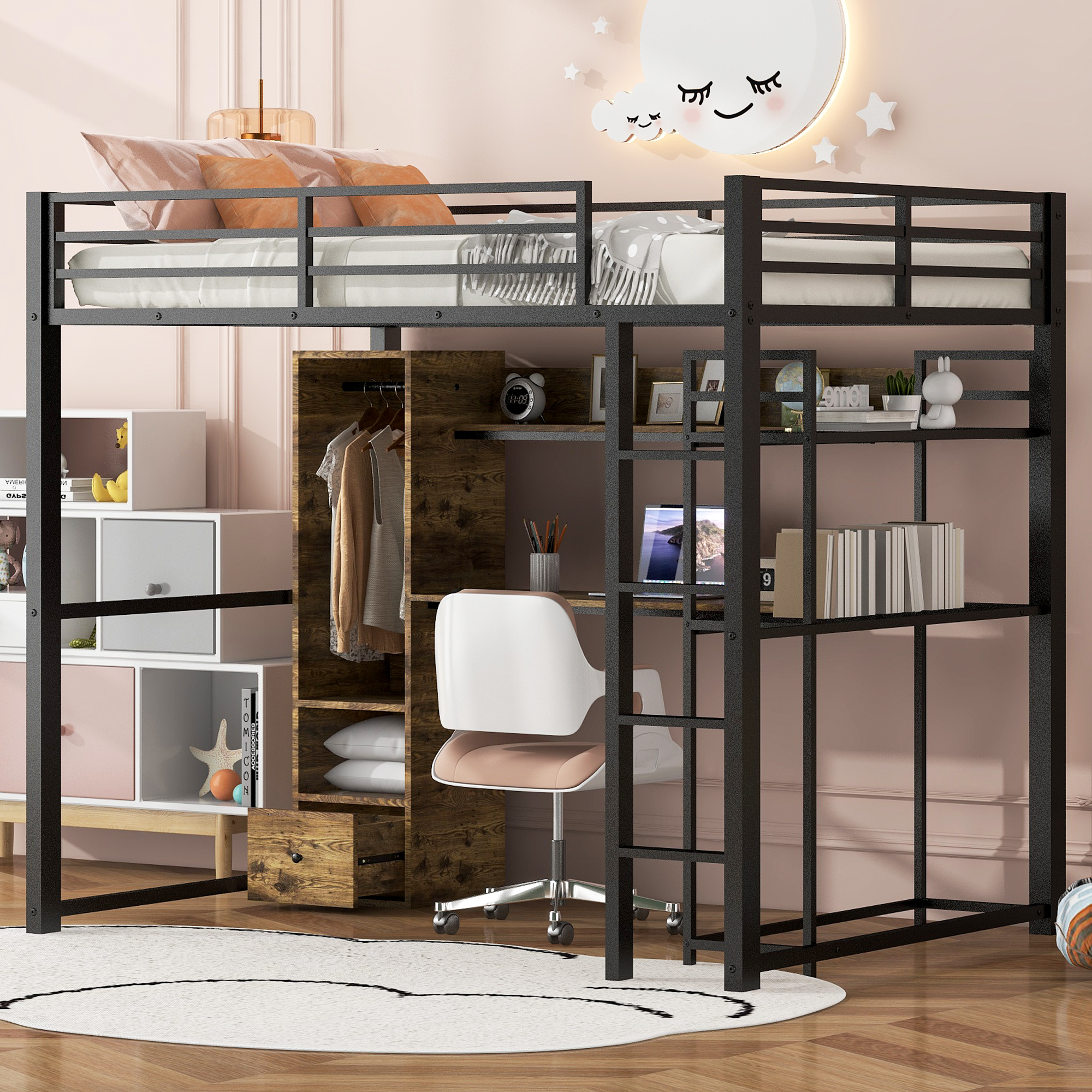 Full Size Metal Loft Bed with Built-in Wardrobe, Drawer, Desk and Shelves