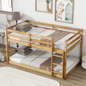 Solid Rubber Wooden Twin Over Twin Loft Bed With Ladder, Strenhened Slats