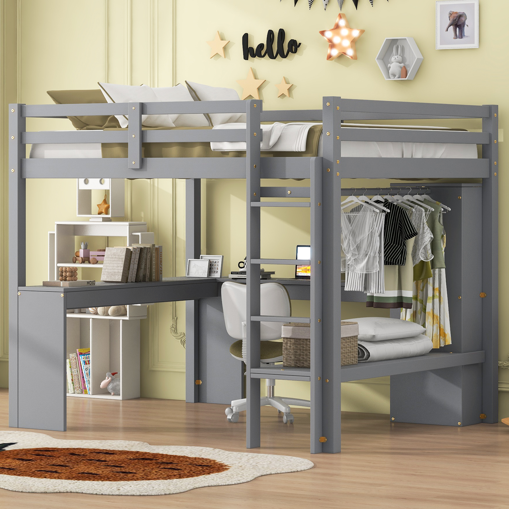 Full Size Loft Bed with L-shaped Desk, Wardrobe and Storage Shelves