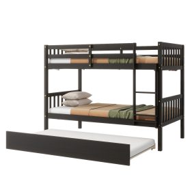 Twin Over Twin Rubber Wood Bunk Bed With Trundle, Ladder and Safety Guardrails
