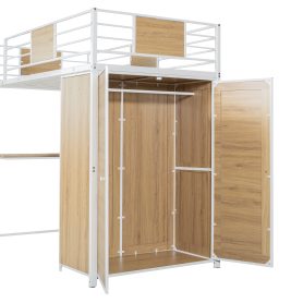 Metal Twin Size Loft Bed With L-shape Desk And Wardrobe