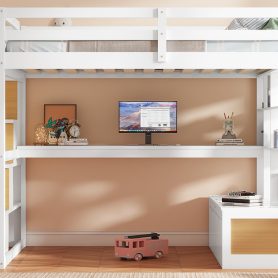Full Size Loft Bed with Desk and Shelves, Two Built-in Drawers and Storage Staircase