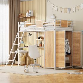 Metal Twin Size Loft Bed With L-shape Desk And Wardrobe