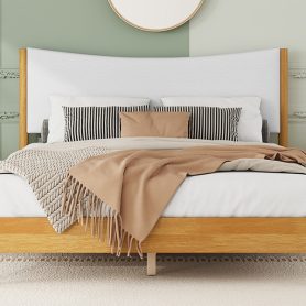 Queen Size  Rubber Wooden Bed With Teddy Velvet Cushion Upholstered Headboard