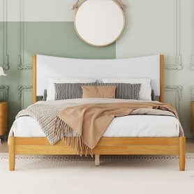 Queen Size  Rubber Wooden Bed With Teddy Velvet Cushion Upholstered Headboard