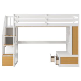 Full Size Loft Bed with Desk and Shelves, Two Built-in Drawers and Storage Staircase