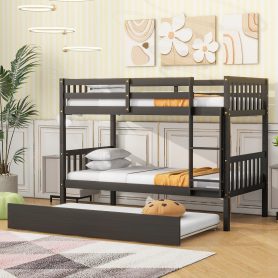 Twin Over Twin Rubber Wood Bunk Bed With Trundle, Ladder and Safety Guardrails