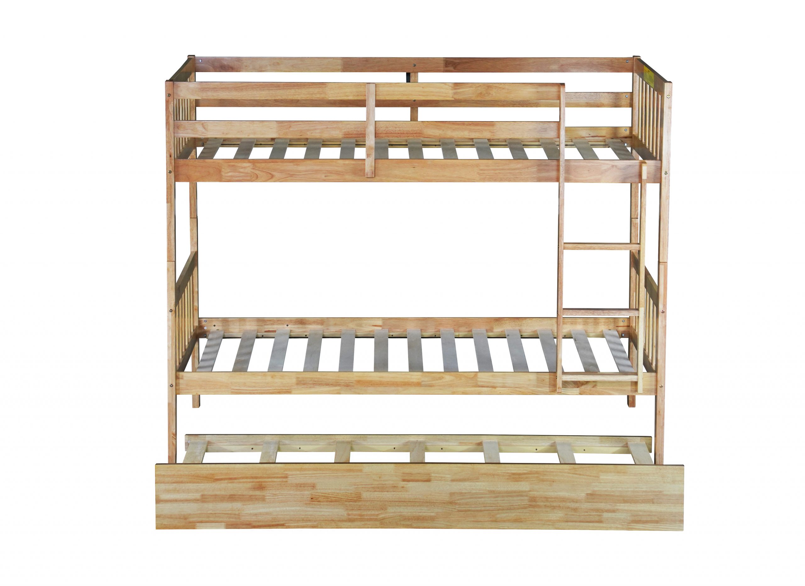 Twin Over Twin Rubber Wood Bunk Bed With Trundle, Ladder and Safety Guardrails, Convertible Into 2 Twin Size Beds