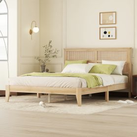 Queen Size Rubber Wooden Bed With Rattan Headboard