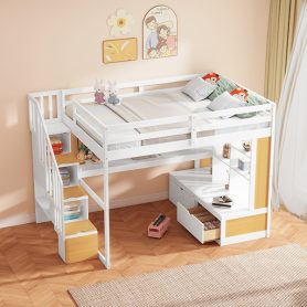 Full Size Loft Bed with Desk and Shelves, Two Built-in Drawers and Storage Staircase