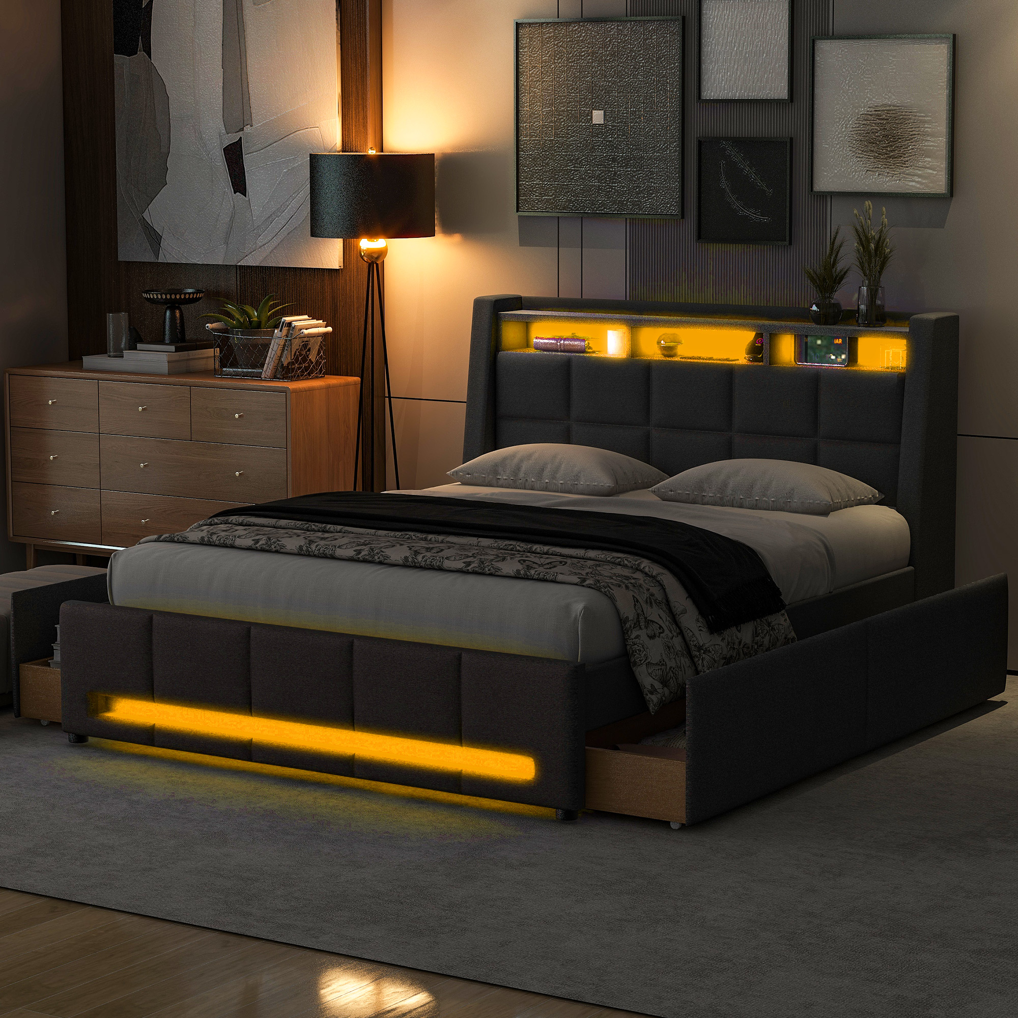 Full Size Upholstered Platform Bed with Storage Headboard, LED, USB Charging and 4 Drawers