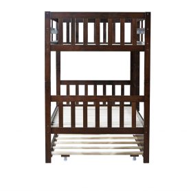 Twin Over Twin Rubber Wood Bunk Bed With Trundle, Ladder and Safety Guardrails