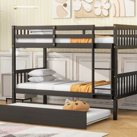 Twin Over Twin Rubber Wood Bunk Bed With Trundle, Ladder and Safety Guardrails