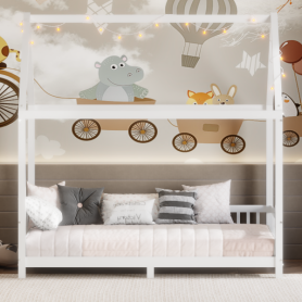 Wood Twin Size House Bed with Guardrail and LED