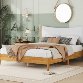 Queen Size  Rubber Wooden Bed With Teddy Velvet Cushion Upholstered Headboard