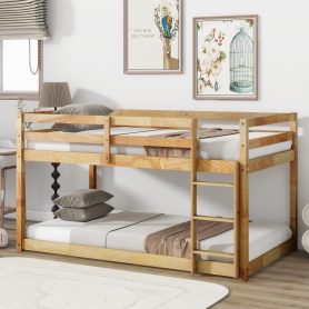 Solid Rubber Wooden Twin Over Twin Loft Bed With Ladder, Strenhened Slats