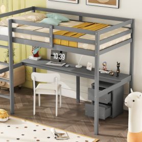 Twin Loft Wood Bed with Under-bed, Built-in Desk, a Storage Cabinet of 2 Drawers, Guardrails, Ladder