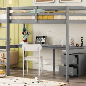 Twin Loft Wood Bed with Under-bed, Built-in Desk, a Storage Cabinet of 2 Drawers, Guardrails, Ladder