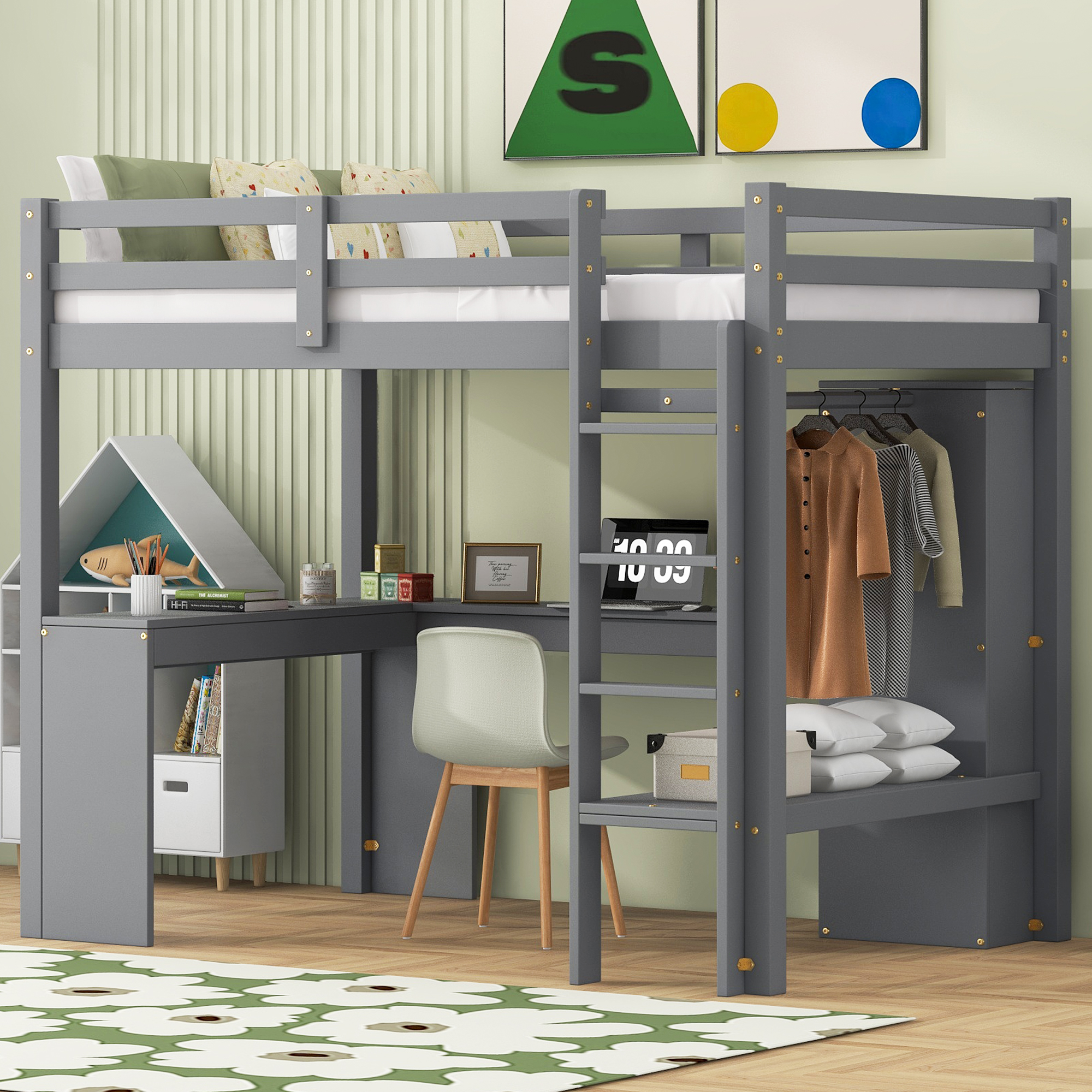 Twin Size Loft Bed with L-shaped Desk, Wardrobe and Storage Shelves