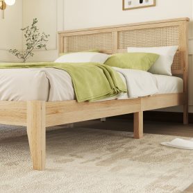 Queen Size Rubber Wooden Bed With Rattan Headboard