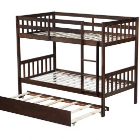 Twin Over Twin Rubber Wood Bunk Bed With Trundle, Ladder and Safety Guardrails
