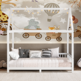 Wood Twin Size House Bed with Guardrail and LED