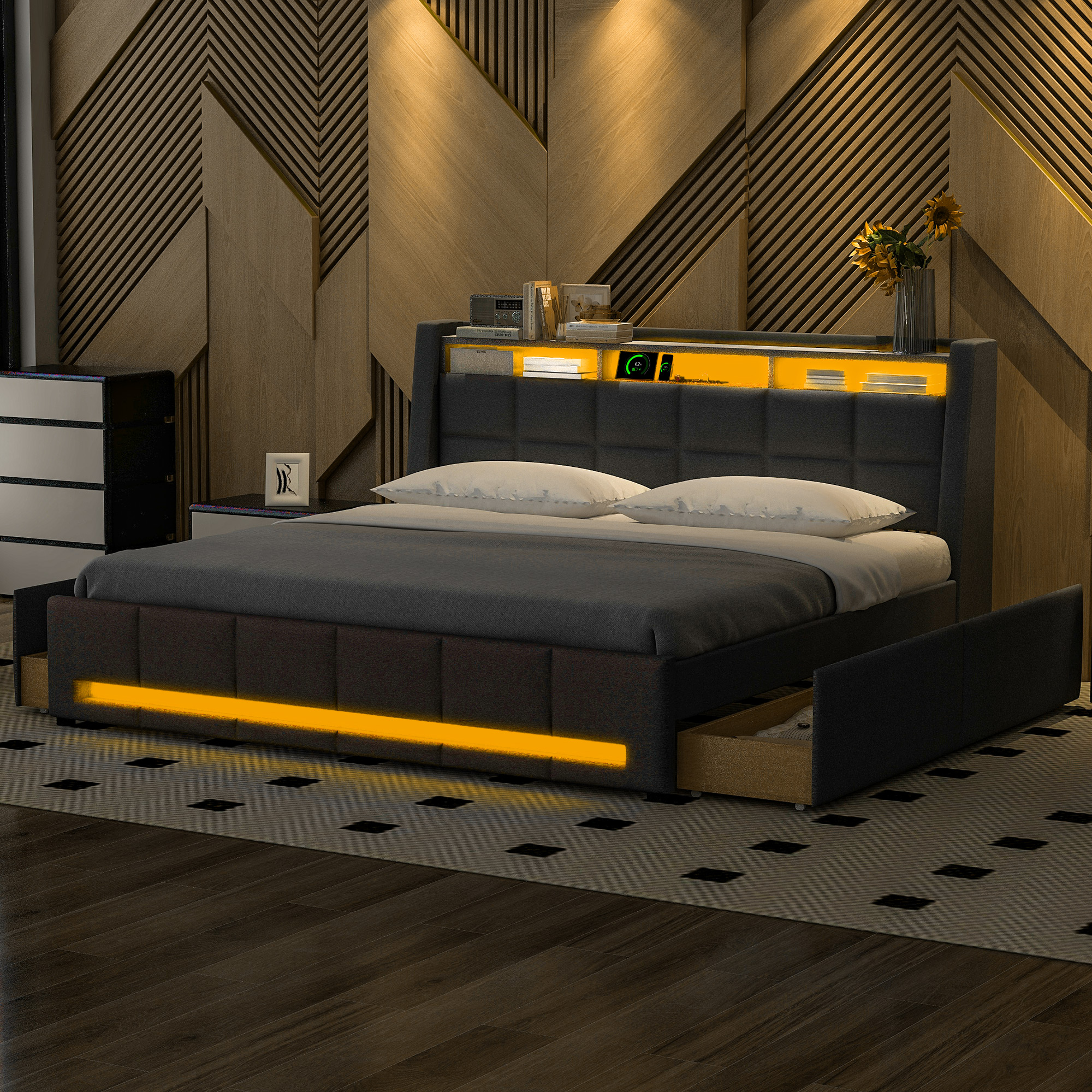 Queen Size Upholstered Platform Bed with Storage Headboard, LED, USB Charging and 4 Drawers