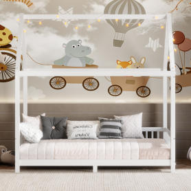 Wood Twin Size House Bed with Guardrail and LED