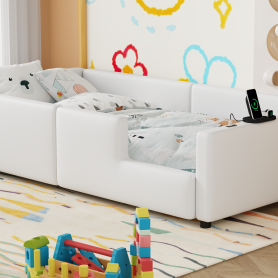 Twin Size Upholstered Platform Bed with Guardrail and Charging Station