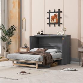 Solid Wooden Queen Murphy Bed With Large Drawers