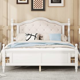 Queen Pine Platform Bed With Upholstered Headboard And Panel Footboard