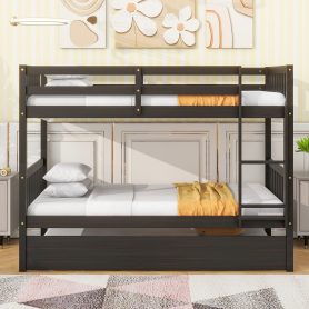 Twin Over Twin Rubber Wood Bunk Bed With Trundle, Ladder and Safety Guardrails