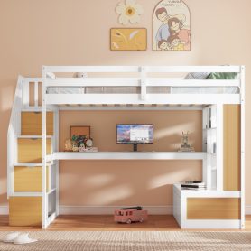 Full Size Loft Bed with Desk and Shelves, Two Built-in Drawers and Storage Staircase