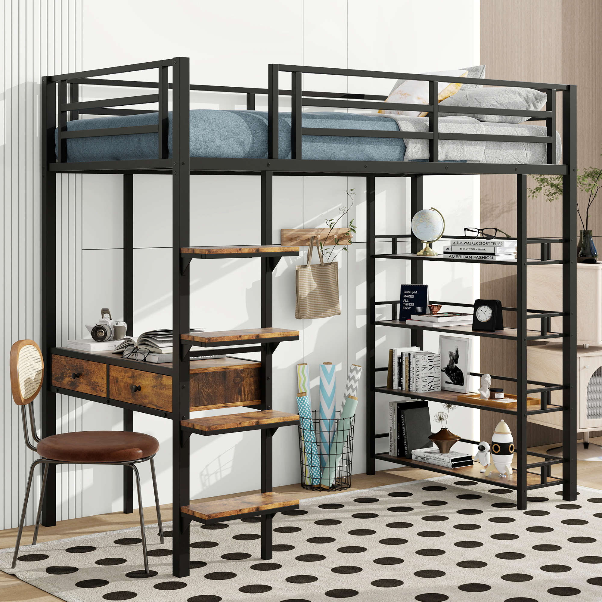 Twin Size Metal Loft Bed With Desk And Shelves