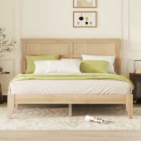 Queen Size Rubber Wooden Bed With Rattan Headboard