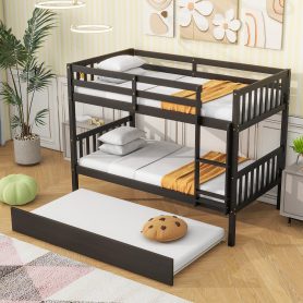 Twin Over Twin Rubber Wood Bunk Bed With Trundle, Ladder and Safety Guardrails