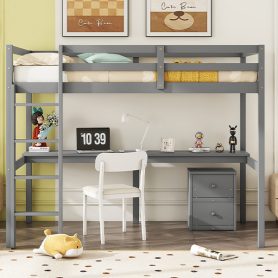 Twin Loft Wood Bed with Under-bed, Built-in Desk, a Storage Cabinet of 2 Drawers, Guardrails, Ladder
