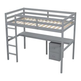 Twin Loft Wood Bed with Under-bed, Built-in Desk, a Storage Cabinet of 2 Drawers, Guardrails, Ladder