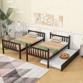 Twin Over Twin Rubber Wood Bunk Bed With Trundle, Ladder and Safety Guardrails