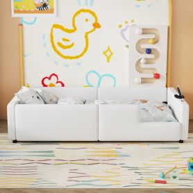 Twin Size Upholstered Platform Bed with Guardrail and Charging Station