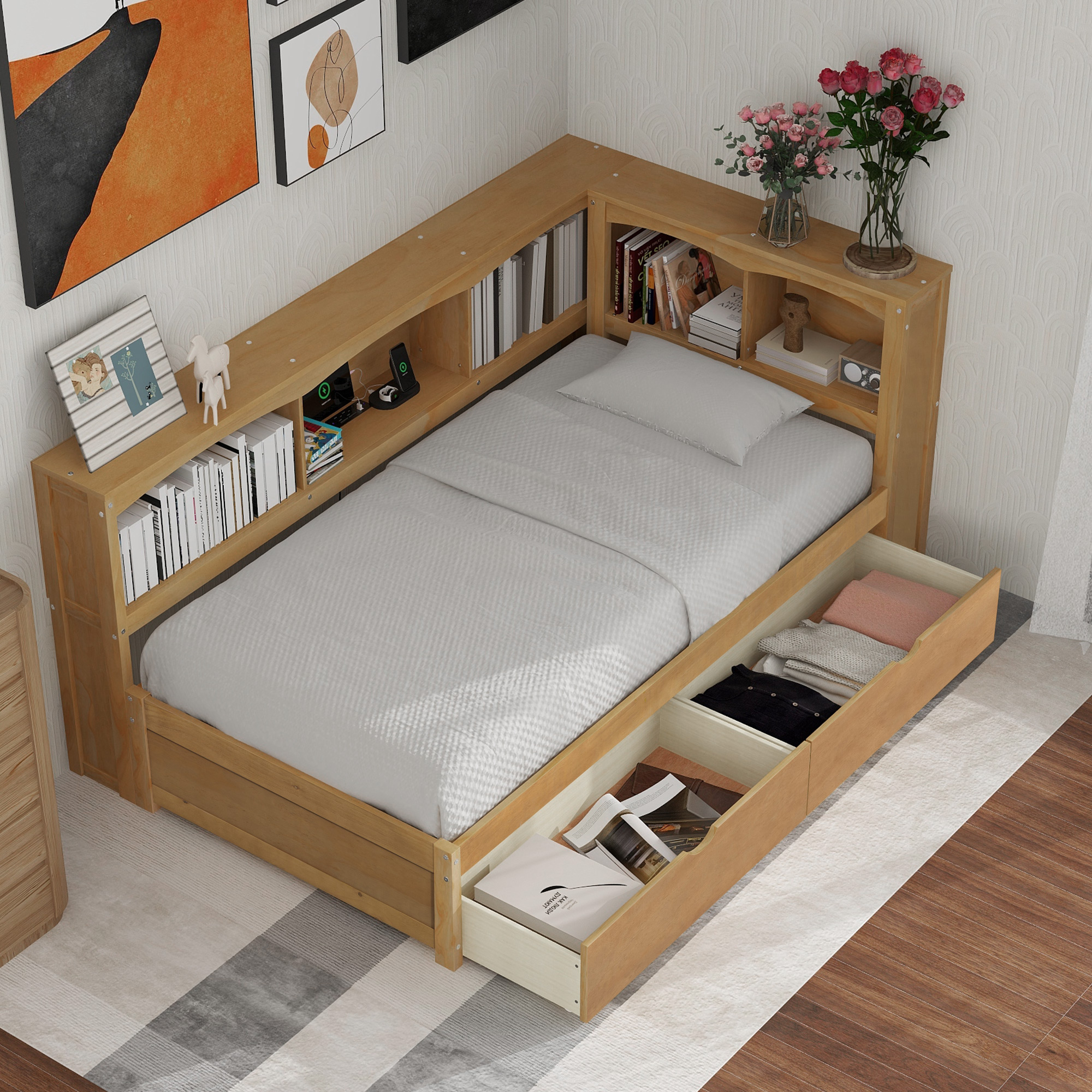Twin Size Daybed with Two Storage Drawers, Storage Cabinets and USB Ports