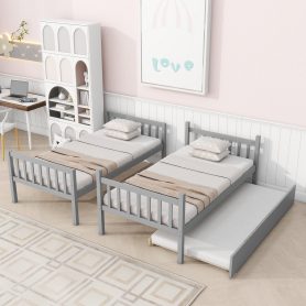 Twin Over Twin Rubber Wood Bunk Bed With Trundle, Ladder and Safety Guardrails, Convertible Into 2 Twin Size Beds