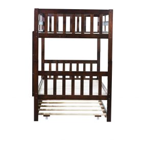 Twin Over Twin Rubber Wood Bunk Bed With Trundle, Ladder and Safety Guardrails