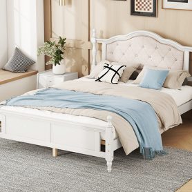 Queen Pine Platform Bed With Upholstered Headboard And Panel Footboard