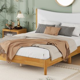 Queen Size  Rubber Wooden Bed With Teddy Velvet Cushion Upholstered Headboard